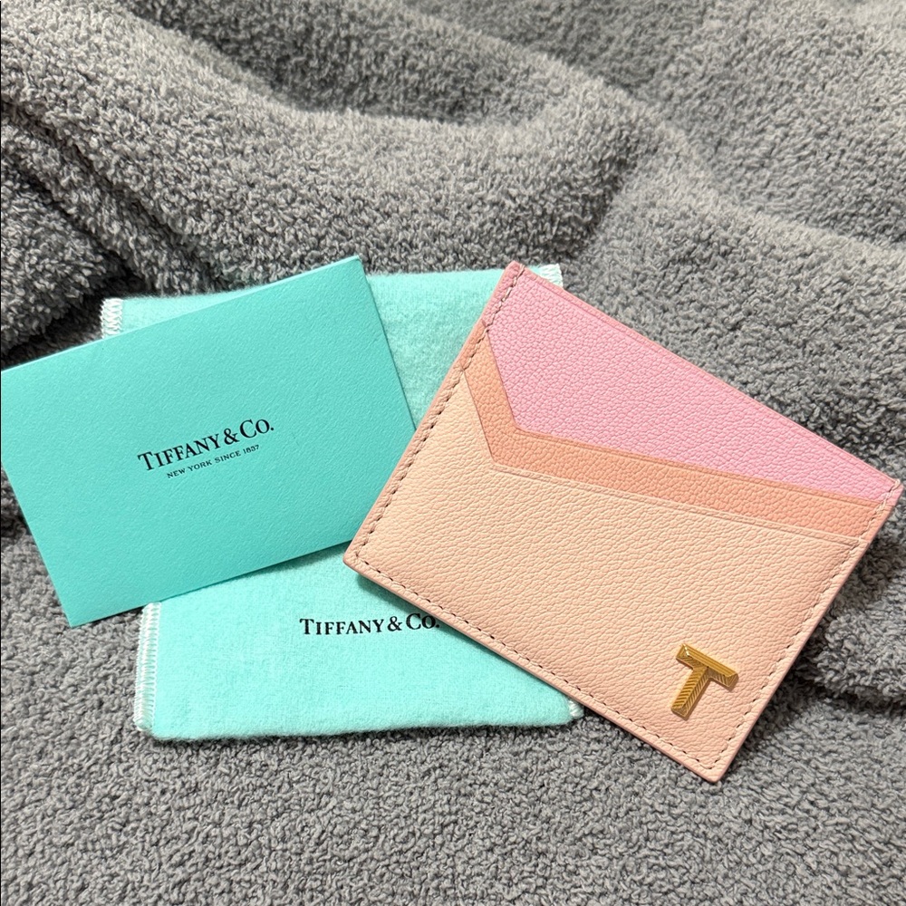 New! Tiffany & Co. T Card Case in Pink Colorblock Leather